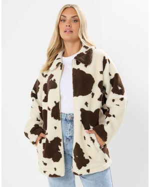 Yours Clothing Cow Print Teddy Borg Jacket - Natural