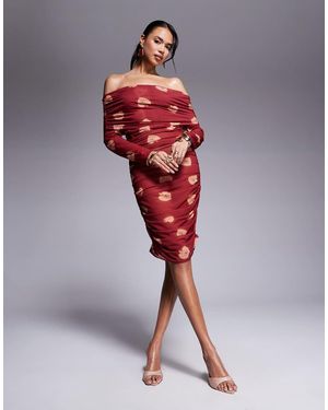 Never Fully Dressed Bardot Ruched Heart Print Mesh Mini Dress - Red