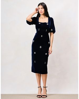 Hope & Ivy The Veloura Puff Sleeve Velvet Midi Pencil Dress With Embellishment - Blue