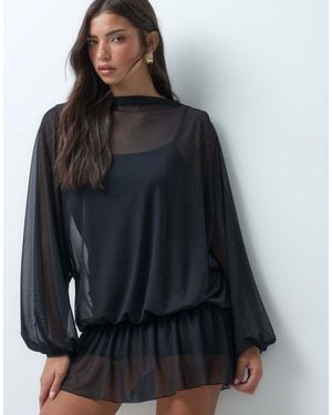 ASOS Mesh Blouson Mini-Jurk Met Drapeer - Zwart