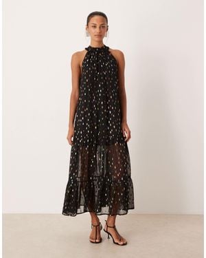 Sister Jane Odyssey Chiffon Metallic Spot High Neck Sheer Skirt Maxi Dress - Black