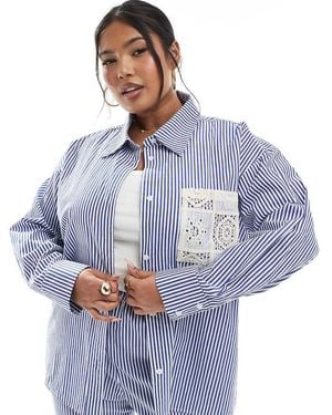 Renee Studio Plus Exclusive Button Through Tie Back Crochet Detail Shirt - Blue