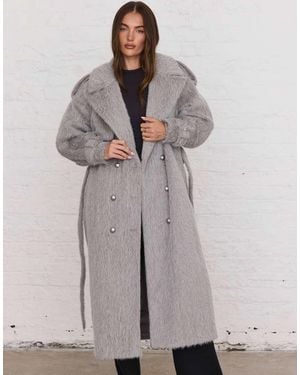 Aria Cove Trench Maxi Coat Met Geborstelde Wollook, Oversized Kraag En Ceintuur - Grijs