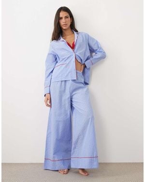 ASOS Woven Cotton Long Sleeve Shirt And Wide Leg Trouser Pyjama Set - Blue