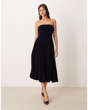 Nobody's Child Felicity Velvet Bandeau Ruched Detail Midi Dress - Blue