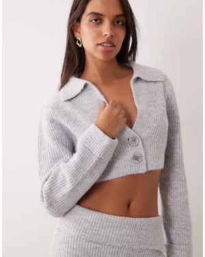 Aria Cove Collar Detail Wool Blend Button Detail Knitted Crop Top Co-ord - Gray