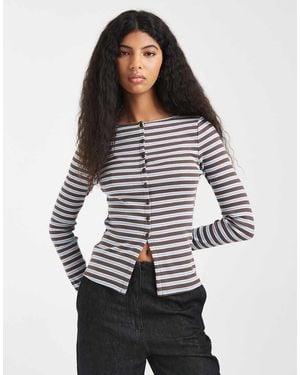 New Look Stripe Button Through Cardigan - Grey