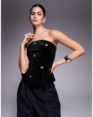 New Look Fluwelen Bandeau-Top Met Siersteentjes - Grijs