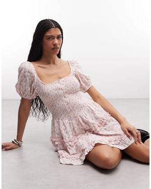 Daisy Street Drop Waist Ruffle Mini Dress With Puff Sleeves - Pink