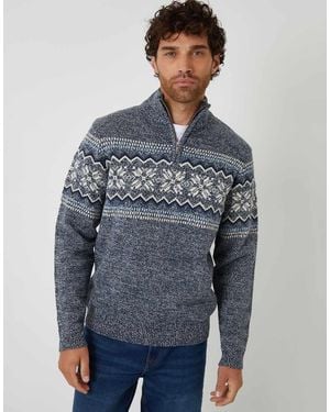 Threadbare Fairisle Knitted Quarter Zip Jumper - Blue