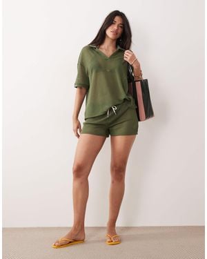 Kaiia Exclusive Crochet Collar Detail Oversized Polo Top Co-ord - Green