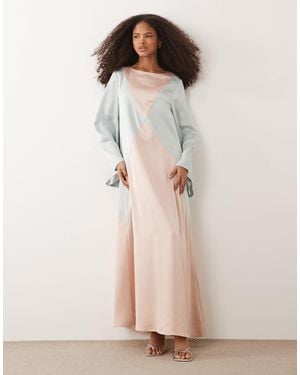 Iyal Satin Contrast Panel Bell Sleeve Maxi Dress - Natural