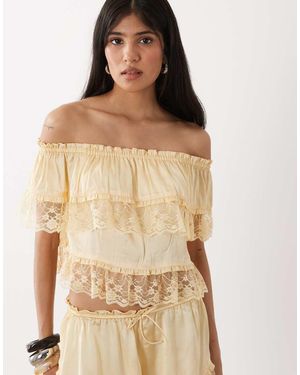 Miss Selfridge Satin And Lace Bardot Top Co-ord - Natural