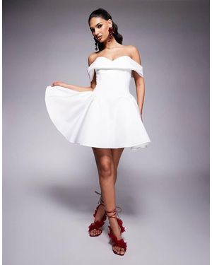 Lavish Alice Satin Off Shoulder Lace Up Puff Mini Dress - White