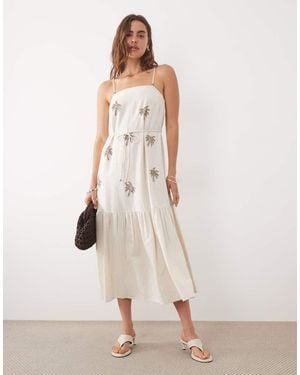 New Look Palm Embroidered Belted Midi Dress - Natural