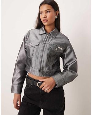 Calvin Klein Metallic Denim Trucker Jacket With Double Zip - Grey