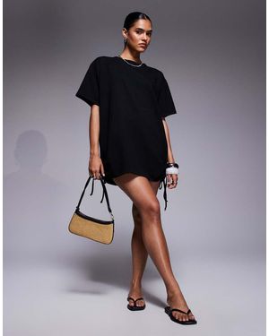 Fashionkilla Cotton Ruched Tie Side Mini T-Shirt Dress - Blue