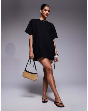 Fashionkilla Exclusive Cotton Ruched Tie Side Mini T-Shirt Dress - Blue
