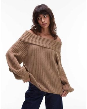 ASOS Oversized Rib Knit Off Shoulder Jumper With Balloon Sleeve - Brown