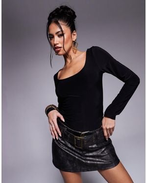 Fashionkilla Exclusive Sculpted Double Layered Slinky Scoop Neck Long Sleeve Body - Black