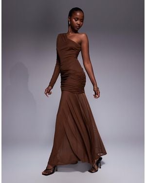 ASOS Mesh One Sleeve Gauged Detail Maxi Dress With Full Skirt - Brown