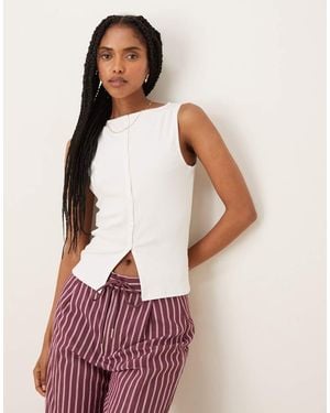 Pimkie Ribbed Sleeveless Button Down Split Front Waistcoat Top - Purple