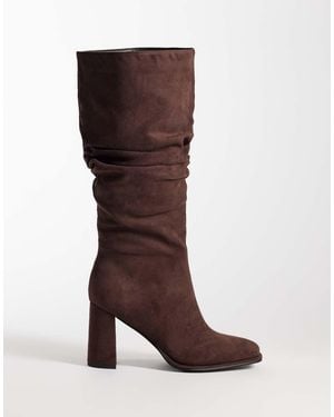 London Rebel Botas De Tacón Ancho Con Caña Holgada Jodie De Ante Sintético En Chocolate-Marrón