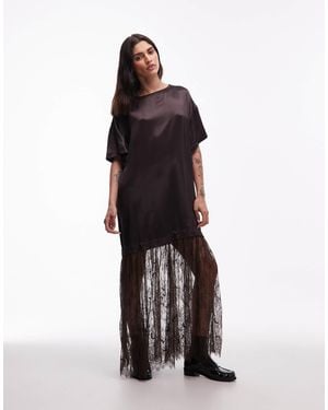 ASOS Satin T-Shirt Hybrid Maxi Dress With Lace Skirt - Brown