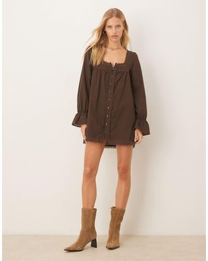 ASOS – langärmliges babydoll-minikleid aus baumwolle - Braun