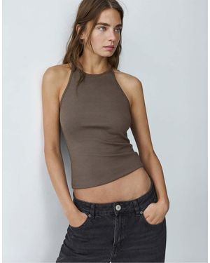 Pull&Bear Top Allacciato Al Collo Color Visone Con Fascette Sul Retro - Grigio