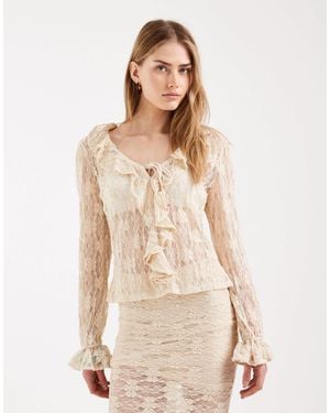 ONLY Long Sleeve Lace Top Co-ord With Ruffle Detail - Natural