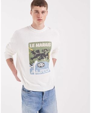 ASOS Oversized Knitted Crew Neck Sweater With Le Marais Print - Gray