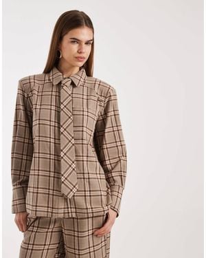 4th & Reckless Brushed Cotton Shoulder Pad Tie Detail Shirt - Brown