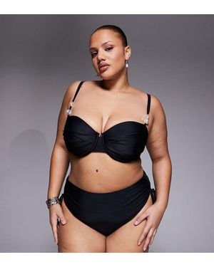 ASOS Asos Design Curve Sadie Pleated Bust Underwire Balconette Bikini Top With Faux-pearl Detailing - Black