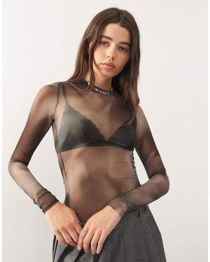 Weekday Mesh Long Sleeve Top With With Smoke Effect Print - Brown