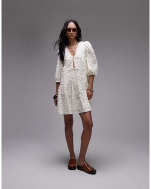 & Other Stories Embroidered Mini Dress With Front Tie Detail And Tiered Hem - Grey