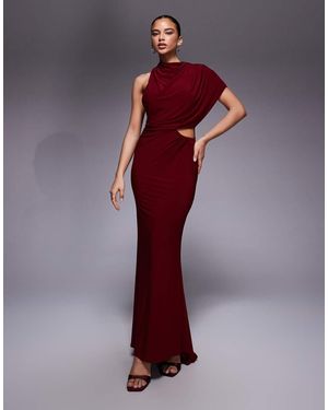 ASOS Slinky Caped One Shoulder Cut Out Maxi Dress With Open Back - Red