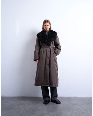 TOPSHOP Faux Fur Collar Belted Mac - Brown