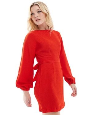 Closet Geribbelde Mini Jurk Met Ballonmouwen - Rood