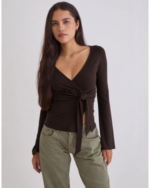 Motel Lamae Wrap Detail Long Sleeve Top - Black