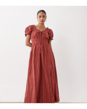 Miss Selfridge Vestido Maxi Milkmaid Bordado En-Rosa - Rojo