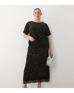 Vila Curve Sequin & Velour Maxi Skirt Co-Ord With Lace Trim - Black