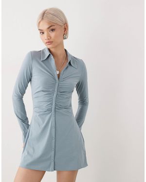 Monki Ruched Front Long Sleeve Mini Shirt Dress - Blue
