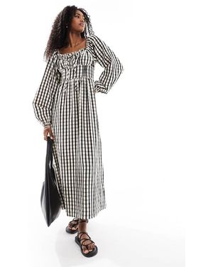 Daisy Street Midaxi Jurk Met Lange Mouwen, Gesmokte Lijfje En Gingham Ruit - Wit