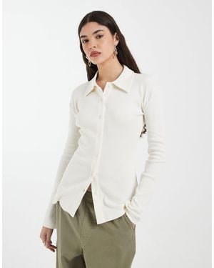 4th & Reckless Cotton Rich Ribbed Collared Button Through Top Co-ord - White
