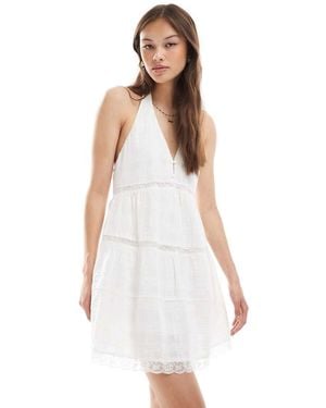 Pull&Bear Lace Trim Detail Tiered Mini Dress - White