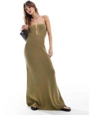4th & Reckless Bandeau Gold Ring Detail Cutout Crochet Beach Maxi Dress - Green