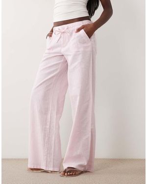 Gina Tricot Mid Waist Linen Blend Trousers With Front Pockets - Pink