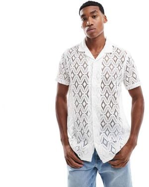 Brave Soul Geometric Crochet Short Sleeve Shirt - White