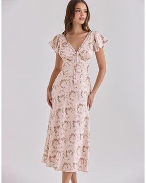 House Of Cb Raye Vintage Rose Floral Print Satin V-Neck Midi Tea Dress - Pink